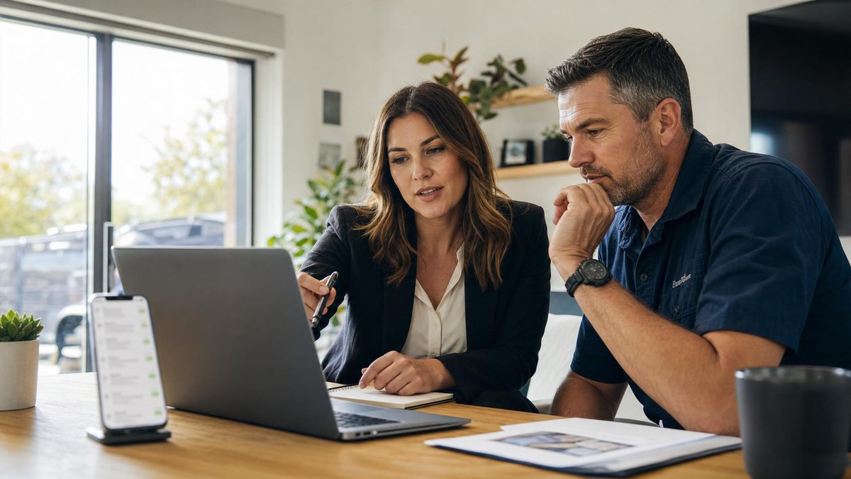 Local business owner and marketing consultant reviewing online visibility on a laptop